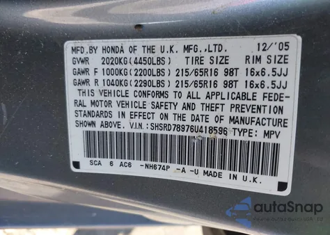 2006 Honda Cr-V Se z USA, uszkodzony, nr VIN SHSRD78976U418596